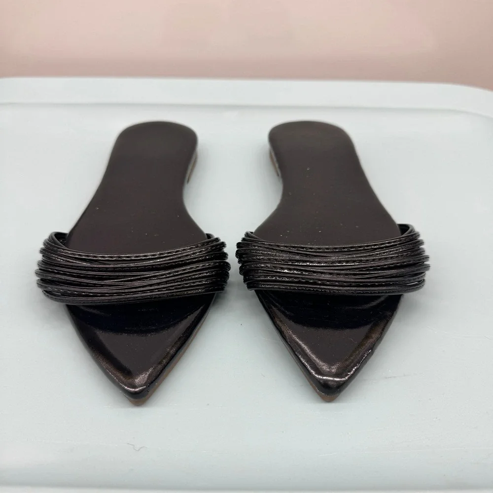 Size 37 - Womens Black Pointed Toe Multi Strap Slide Sandals Flat Slip On Shoes
